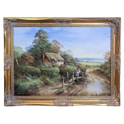 471 - CHRIS D. HOWELLS, A CONTEMPORARY OIL ON CANVAS 
Landscape, thatched cottage with children wearing pe... 