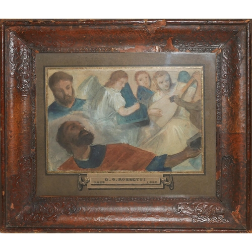 481 - IN THE MANNER OF DANTE GABRIEL ROSSETTI, 1828 - 1882, WATERCOLOUR GROUP PORTRAIT
Figures with musica... 