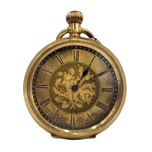 62 - A 19TH CENTURY 18CT GOLD LADIES’ POCKET WATCH
Gold tone dial with engraved initials to case and scre... 