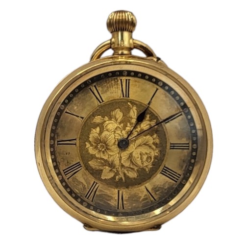 62 - A 19TH CENTURY 18CT GOLD LADIES’ POCKET WATCH
Gold tone dial with engraved initials to case and scre... 