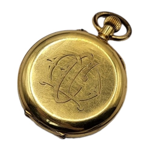 62 - A 19TH CENTURY 18CT GOLD LADIES’ POCKET WATCH
Gold tone dial with engraved initials to case and scre... 