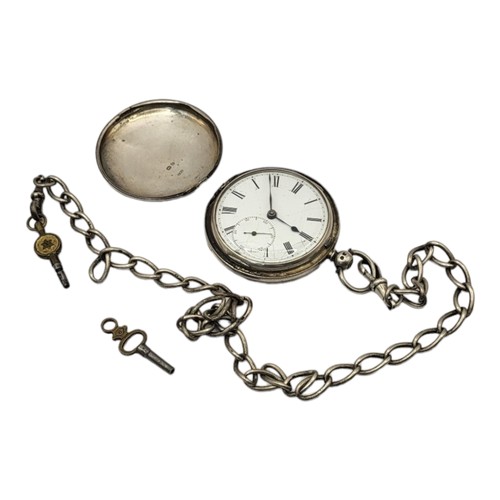 63 - DENT OF LONDON, A VICTORIAN SILVER FULL HUNTER GENTS POCKET WATCH AND ALBERT CHAIN
Having key wind m... 