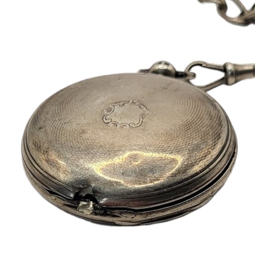 63 - DENT OF LONDON, A VICTORIAN SILVER FULL HUNTER GENTS POCKET WATCH AND ALBERT CHAIN
Having key wind m... 