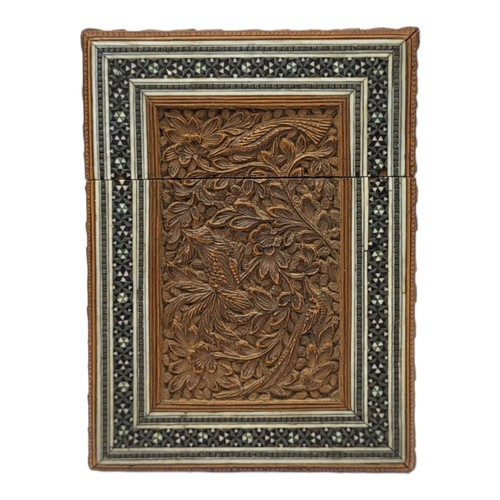 120 - A 19TH CENTURY ANGLO INDIAN SANDALWOOD CALLING CARD CASE
Having an inlaid micro mosaic border and fi... 