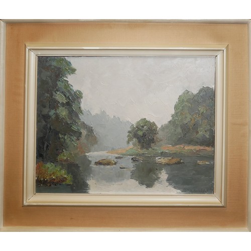 408 - A MID 20TH CENTURY OIL ON BOARD, RIVERSIDE SCENE WITH MOUNTAIN BACKDROP
Indistinctly signed ‘G. Schi... 