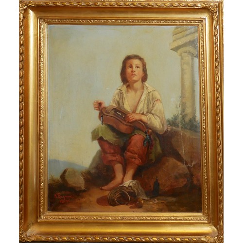 409 - A. BERGMAN (XX), A 19TH CENTURY OIL ON CANVAS
Portrait of young musician with Hurdy Gurdy instrument... 