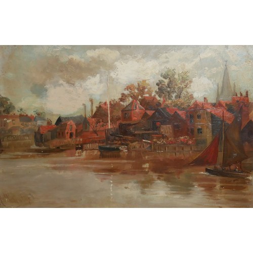 411 - UNKNOWN ARTIST (XX), 19TH CENTURY OIL ON CANVAS
European town harbourside scene, indistinctly signed... 