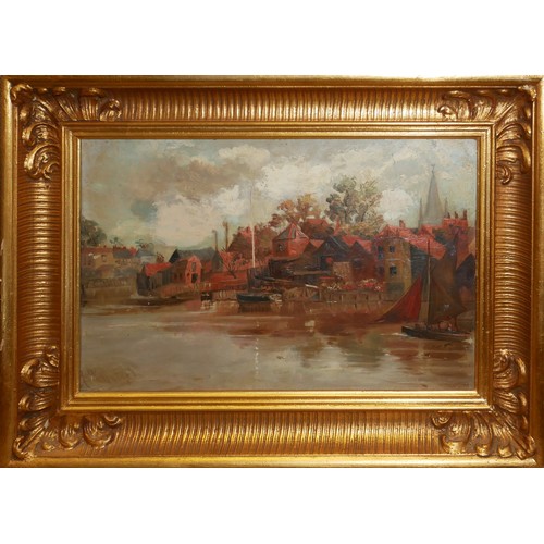 411 - UNKNOWN ARTIST (XX), 19TH CENTURY OIL ON CANVAS
European town harbourside scene, indistinctly signed... 