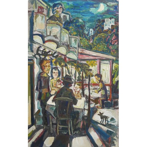 412 - UNKNOWN ARTIST (XX), 20TH CENTURY IMPRESSIONIST OIL ON BOARD
Dining at dusk scene, indistinctly sign... 