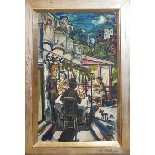 412 - UNKNOWN ARTIST (XX), 20TH CENTURY IMPRESSIONIST OIL ON BOARD
Dining at dusk scene, indistinctly sign... 