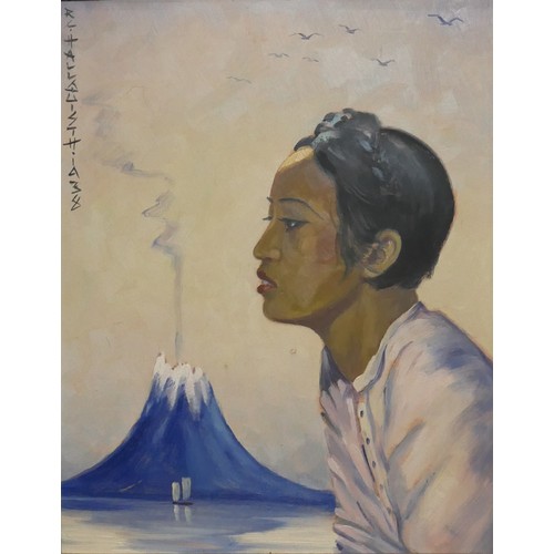 413 - RAGNAR C. HALLQUIST, 1883 - 1964, 20TH CENTURY OIL ON BOARD
Portrait of Javanese woman set before ga... 