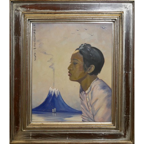 413 - RAGNAR C. HALLQUIST, 1883 - 1964, 20TH CENTURY OIL ON BOARD
Portrait of Javanese woman set before ga... 