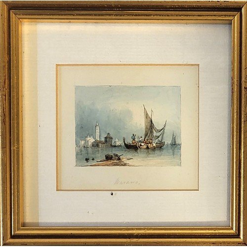 430 - TWO 19TH CENTURY WATERCOLOUR MINIATURES, LANDSCAPES, FISHING BOATS NEAR VENICE
Titled 'Murano' and a... 