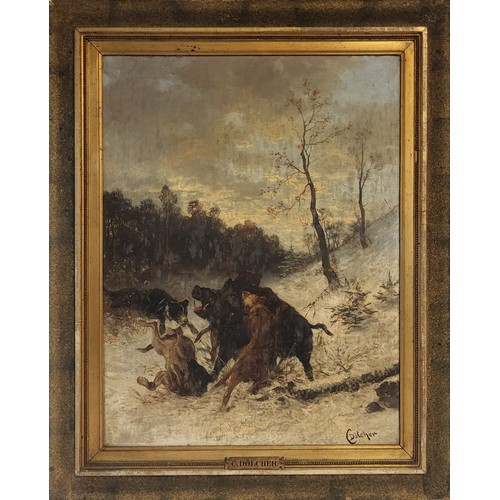 434 - C. DOLCHER, CENTRAL EUROPEAN SCHOOL AUSTRIAN/GERMAN OIL ON BOARD, CIRCA 1900
Forest hunting scene, w... 