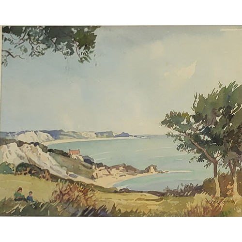 472 - E. MORTIMER, TWO EARLY 20TH CENTURY WATERCOLOUR 
Coastal landscape views, figures wearing period att... 