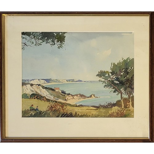 472 - E. MORTIMER, TWO EARLY 20TH CENTURY WATERCOLOUR 
Coastal landscape views, figures wearing period att... 