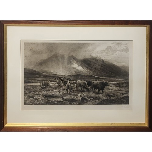 497 - FRANK PATON, 1856 - 1909, A SCOTTISH BLACK AND WHITE 
Landscape, highland cattle in a mountainous la... 