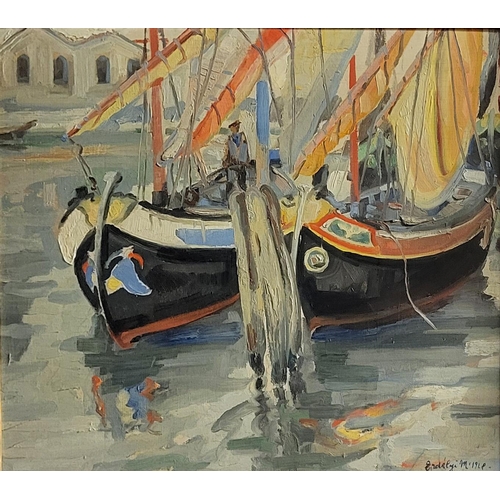 483A - MIHALY ERDELYI, 1894 - 1972, HUNGARIAN, OIL ON BOARD
Fishing boats at Chioggia, Venice, signed, date... 