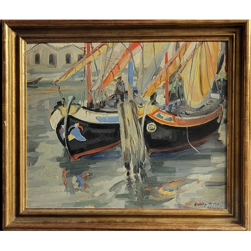 483A - MIHALY ERDELYI, 1894 - 1972, HUNGARIAN, OIL ON BOARD
Fishing boats at Chioggia, Venice, signed, date... 