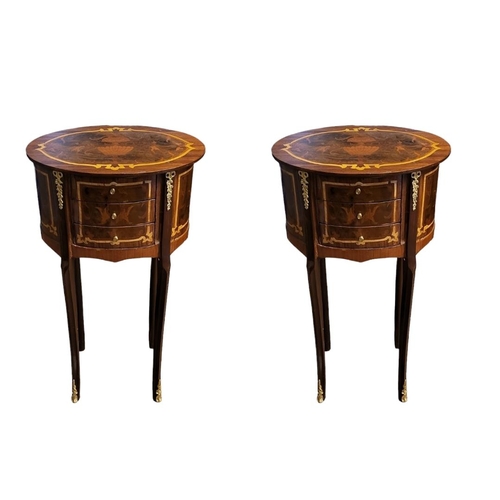 571 - A PAIR OF CONTINENTAL WALNUT AND FLORAL MARQUETRY INLAID OVAL SIDE TABLES, Having an arrangement of ... 