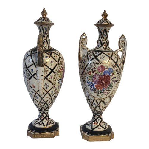 252 - A PAIR OF DECORATIVE 20TH CENTURY PORCELAIN SEVRES STYLE JEWELLED PEDESTAL TWIN HANDLED VASES AND CO... 