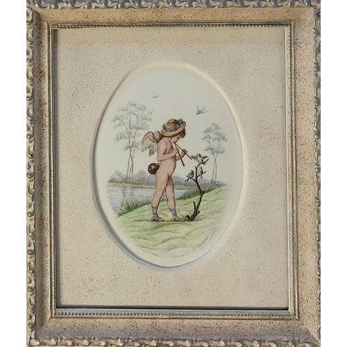 280 - LUCIEN BOULLEMIER FOR MINTON, A PAIR OF OVAL PORCELAIN PLAQUES
Polychrome enamelled with cherubs, on... 