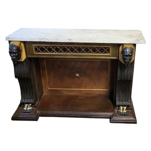 541 - IN THE MANNER OF GEORGE BULLOCK, A 19TH CENTURY AND LATER EGYPTIAN REVIVAL STEEL AND BRONZE CONSOLE ... 