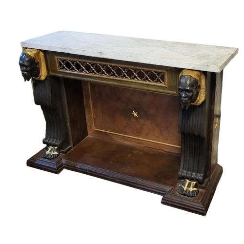 541 - IN THE MANNER OF GEORGE BULLOCK, A 19TH CENTURY AND LATER EGYPTIAN REVIVAL STEEL AND BRONZE CONSOLE ... 