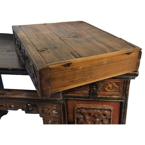 549 - A CHINESE EXPORT QING DYNASTY HARDWOOD NOVELTY PARTNER’S PEDESTAL DESK
Having an arrangement of thre... 