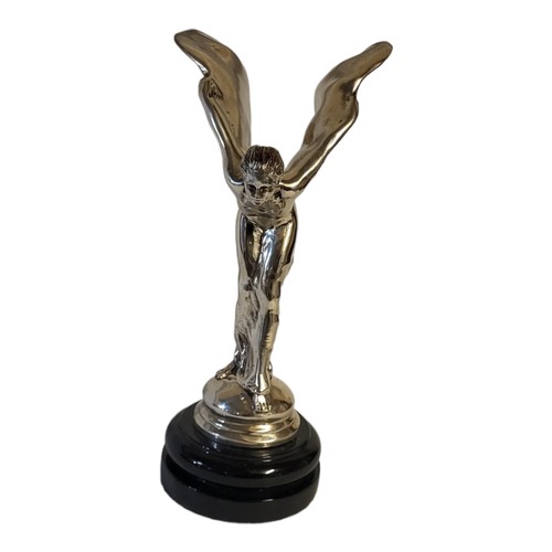 260 - A SILVER PLATED SPIRIT OF ECSTASY FIGURE, AFTER THE ORIGINAL BY CHARLES SYKES FOR ROLLS ROYCE
On a b... 