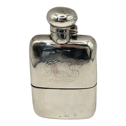 131 - ASPREY OF LONDON, A LATE VICTORIAN HALLMARKED SILVER MOUNTED HIP FLASK
Plain design, with engraved c... 