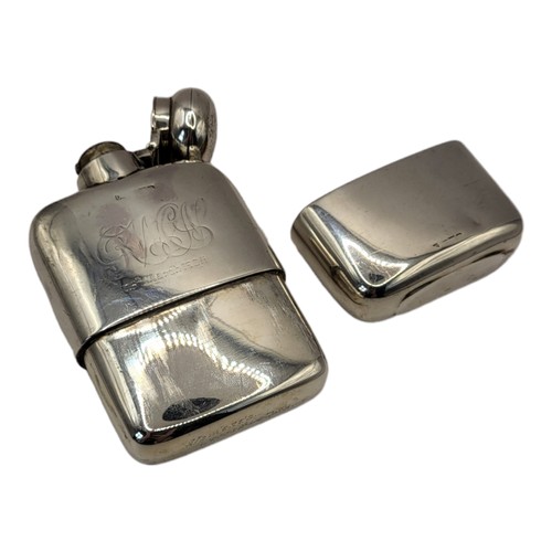 131 - ASPREY OF LONDON, A LATE VICTORIAN HALLMARKED SILVER MOUNTED HIP FLASK
Plain design, with engraved c... 