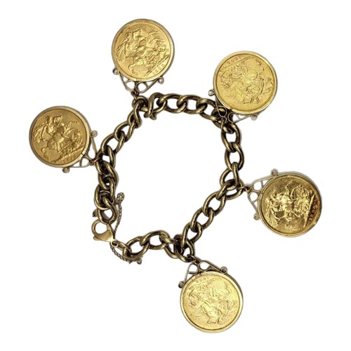 70 - A VICTORIAN 22CT GOLD FULL SOVEREIGN FIVE COIN BRACELET, DATED 1888,1893 and THREE COINS DATED 1900
... 