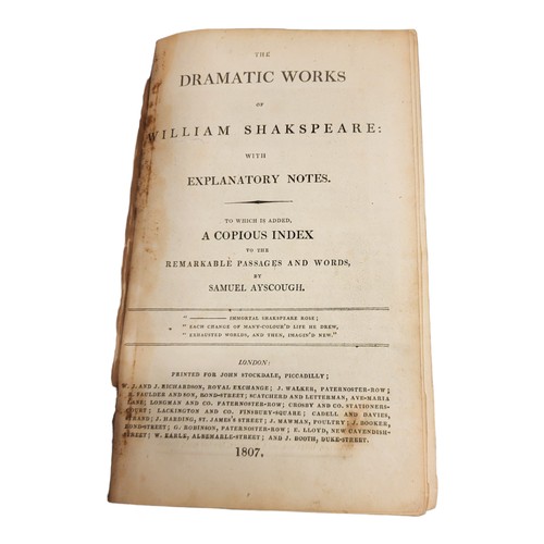 387 - THE DRAMATIC WORKS OF WILLIAM SHAKSPEARE, 1807, TWO VOLUMES BOUND AS ONE
Tan leather bound, along wi... 