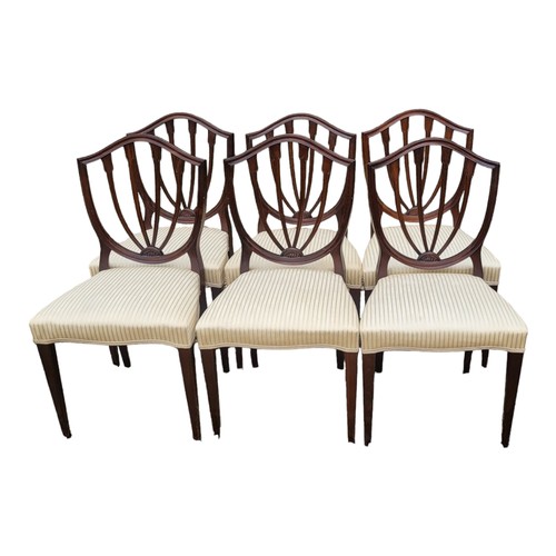 589 - A SET OF SIX REGENCY STYLE DINING CHAIRS
With shield backs overstuffed upholstered seats, on square ... 