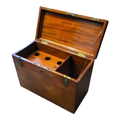 357 - A VICTORIAN MAHOGANY AND BRASS CAMPAIGN WINE COOLER
The rise and fall top enclosing a six bottle fit... 