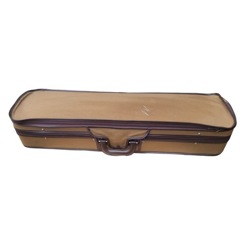 396A - A VINTAGE VIOLIN CASE
With brown canvas cover and green velvet lining, unbranded.