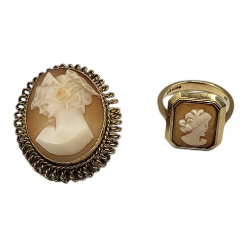 28A - A VINTAGE 9CT GOLD SHELL CAMEO BROOCH
Pierced filigree mount with carved portrait,together with a 9c... 