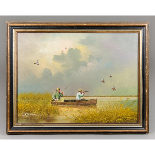 317 - C. MANUEL, A LATE 20TH CENTURY OIL ON CANVAS HUNTING SCENE, SIGNED AND FRAMED.
(h 55cm x w 72cm)