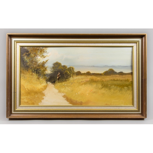 318 - A MID 20TH CENTURY OIL ON CANVAS HUNTING LANDSCAPE, SIGNED AND FRAMED.
(h 55cm x w 93cm)