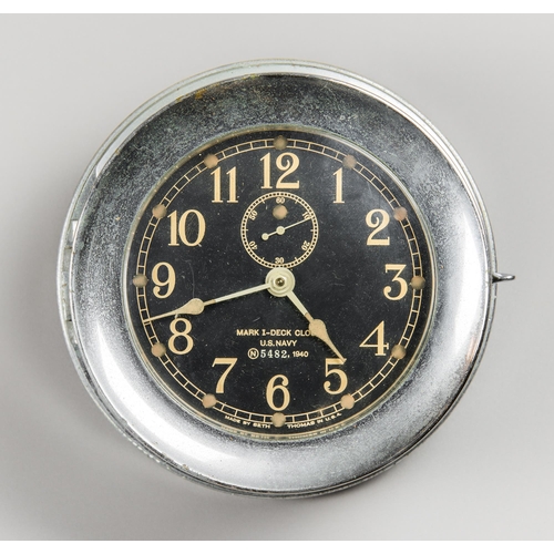 327 - A WWII US NAVY NICKEL PLATED BRONZE MK1 DECK CLOCK BY SETH THOMAS.
With winding key. (h 21cm x w 21c... 