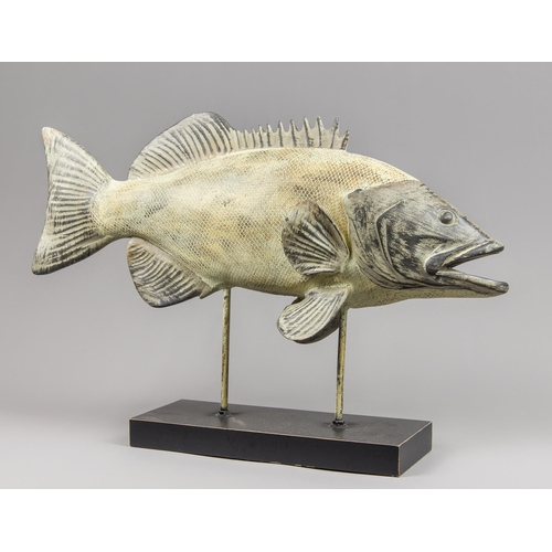 370 - A LARGE DECORATIVE WOOD EFFECT FISH MOUNTED ON A DISPLAY STAND.
(h 42cm x w 63cm)