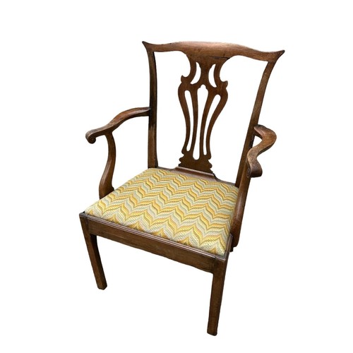 357 - AN 18TH CENTURY MAHOGANY OPEN ARMCHAIR
With pierced vase splat back, scroll arms, upholstered drop i... 