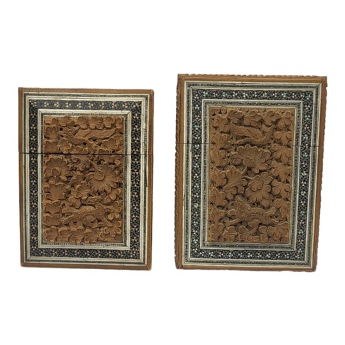 33 - TWO 19TH CENTURY ANGLO INDIAN SANDALWOOD CALLING CARD CASES
Having an inlaid micro mosaic border and... 