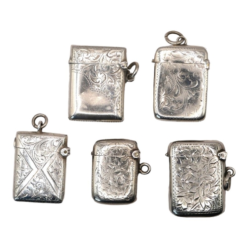 1 - A COLLECTION OF FIVE LATE 19TH/EARLY 20TH CENTURY SILVER VESTA CASES
Having engraved decoration, hal... 