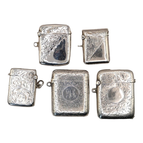 2 - A COLLECTION OF FIVE EARLY 20TH CENTURY SILVER VESTA CASE
Having engraved decoration, hallmarks to i... 