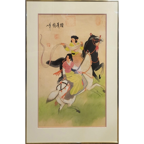 251 - A LATE 20TH CENTURY CHINESE SCHOOL WATERCOLOURS, TWO MANDARIN LADIES’ ON HORSEBACK
Signed in black i... 