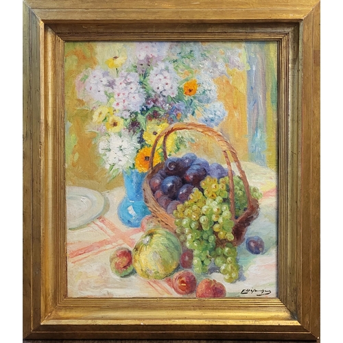 257 - A 20TH CENTURY CONTINENTAL OIL ON CANVAS, 
Still life, basket of fruit with floral vase, indistinctl... 