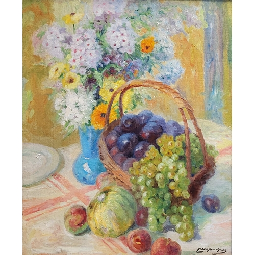 257 - A 20TH CENTURY CONTINENTAL OIL ON CANVAS, 
Still life, basket of fruit with floral vase, indistinctl... 