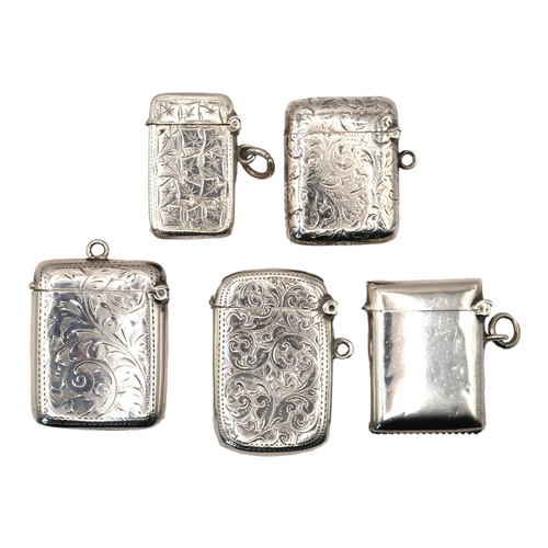 3 - A COLLECTION OF FIVE EARLY 20TH CENTURY SILVER VESTA CASES
Having engraved decoration,hallmarks to i... 